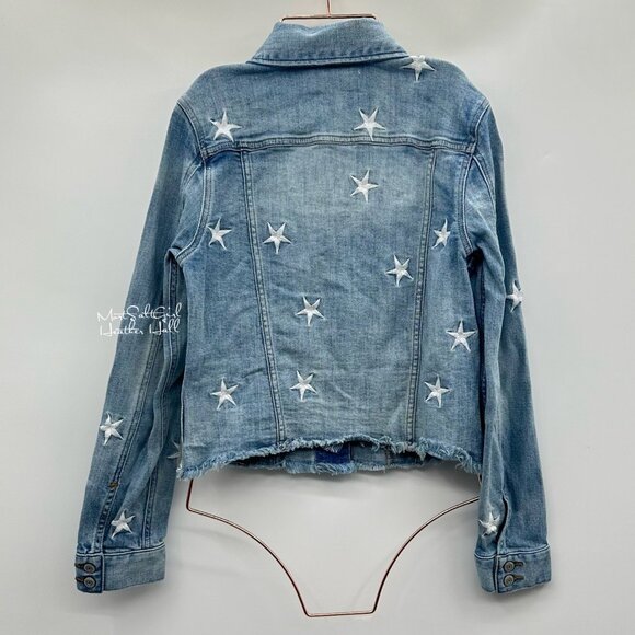 Eunina Star Embroidered Distressed Light Wash Denim Jacket With Frayed Hem - Picture 2 of 7